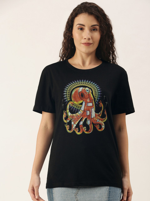 

WTFUNK Women Black Cotton Printed T-shirt