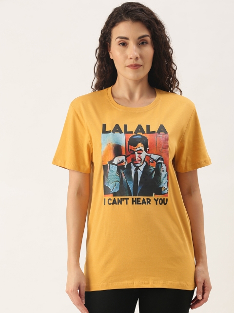 

WTFUNK Women Mustard Yellow Cotton Printed T-shirt