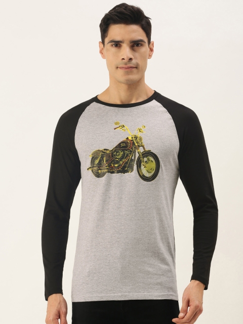 

WTFUNK Men Grey Melange & Black Pure Cotton Biker Printed T-shirt