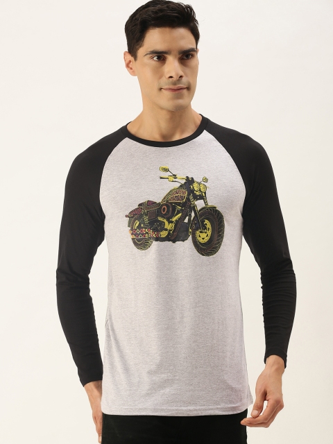 

WTFUNK Men Grey Melange & Black Pure Cotton Biker Printed T-shirt
