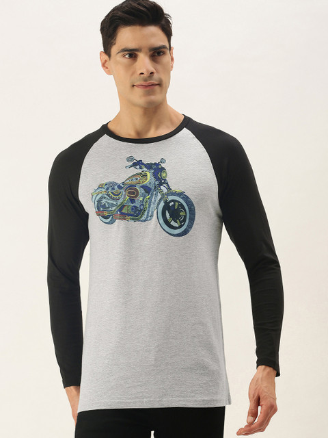 

WTFUNK Men Grey Melange & Blue Printed Cotton T-shirt