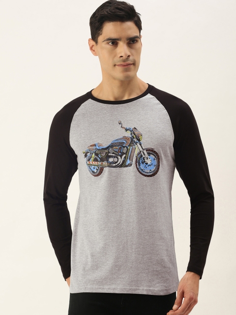 

WTFUNK Men Grey Melange & Black Pure Cotton Biker Printed T-shirt