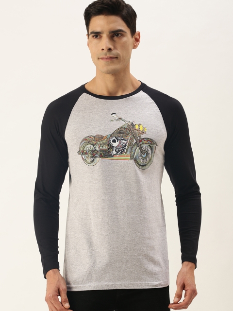 

WTFUNK Men Grey Melange & Green Printed Cotton T-shirt