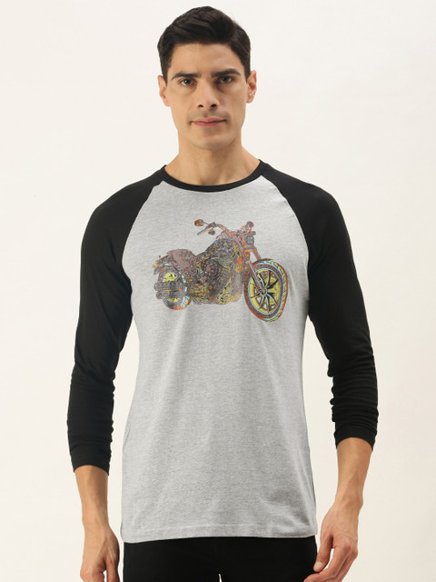 

WTFUNK Men Grey Melange & Yellow Printed Cotton T-shirt