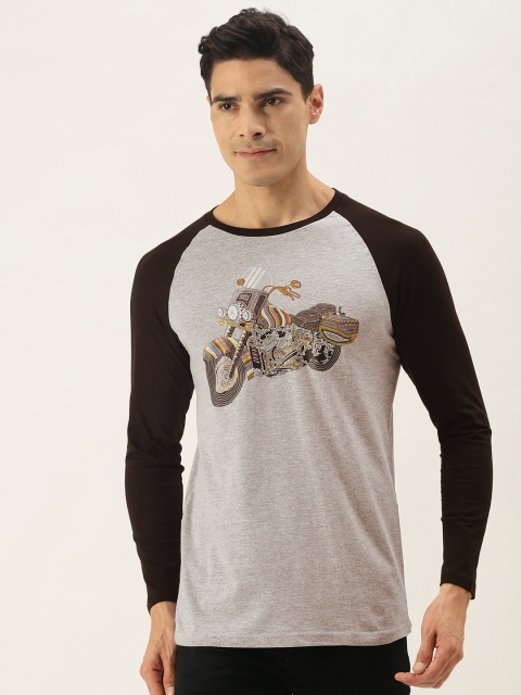 

WTFUNK Men Grey Melange & Black Pure Cotton Biker Printed T-shirt