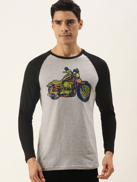 

WTFUNK Men Grey Melange & Black Pure Cotton Biker Printed T-shirt