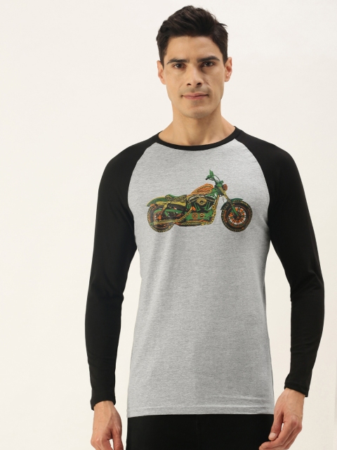 

WTFUNK Men Grey Melange & Black Pure Cotton Biker Printed T-shirt