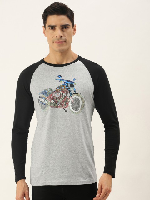 

WTFUNK Men Grey Melange & Black Pure Cotton Biker Printed T-shirt