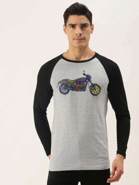 

WTFUNK Men Grey Melange & Black Pure Cotton Biker Printed T-shirt