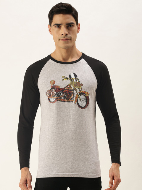 

WTFUNK Men Grey Melange & Maroon Printed Cotton T-shirt