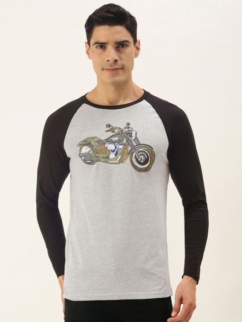 

WTFUNK Men Grey Melange & Green Printed Cotton T-shirt
