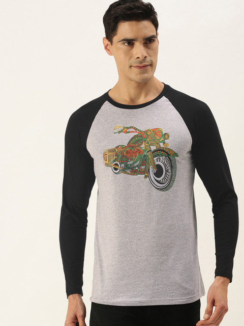 

WTFUNK Men Grey Melange & Green Printed Cotton T-shirt