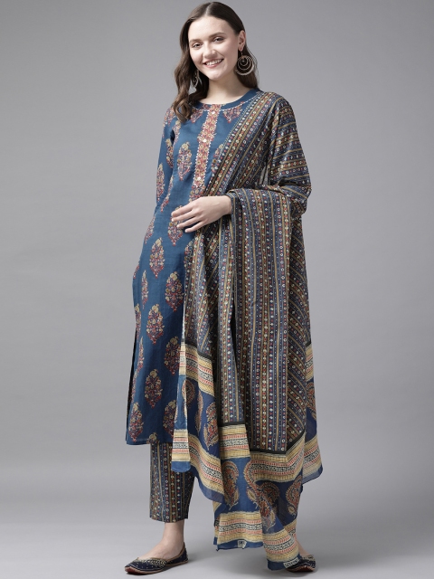 

Yufta Women Blue & Red Ethnic Motifs Print Pure Cotton Kurta with Trousers & Dupatta