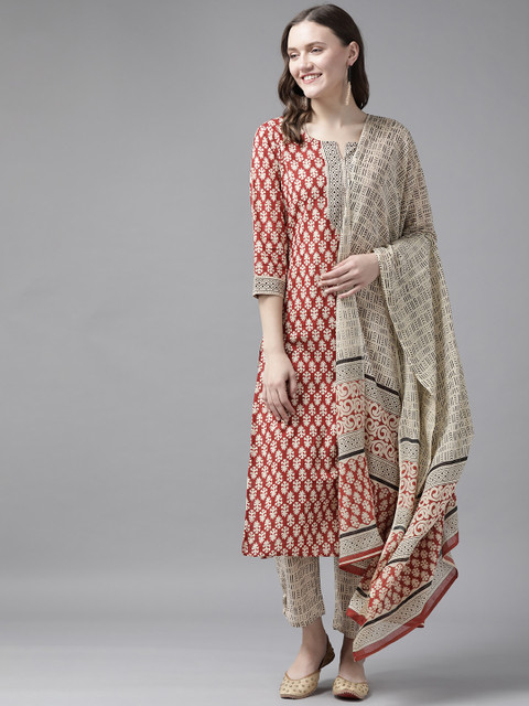 

Yufta Women Rust Red & Beige Ethnic Motifs Print Pure Cotton Kurta with Trousers & Dupatta