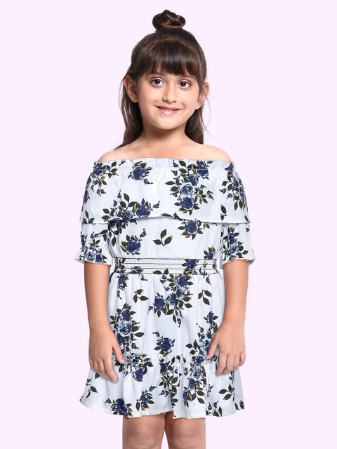 

Yuvraah Girls White & Navy Blue Floral Printed Midi Fit & Flare Dress