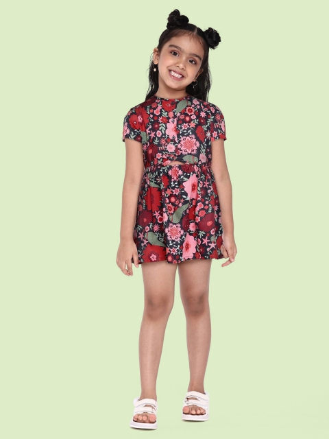 

Yuvraah Girls Multicoloured Floral Printed Midi Fit & Flare Dress, Multi