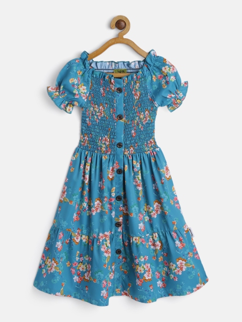 

Yuvraah Girls Blue Floral Printed Round Neck Puff Sleeves Smocked Fit & Flare Dress