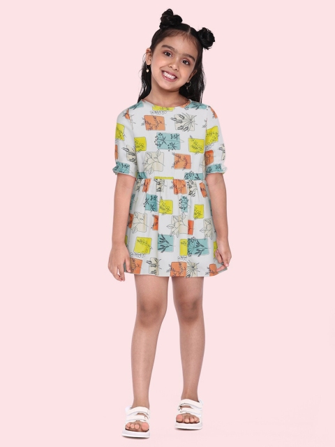 

Yuvraah Girls Multicoloured Tropical Printed Midi A-Line Dress, Multi