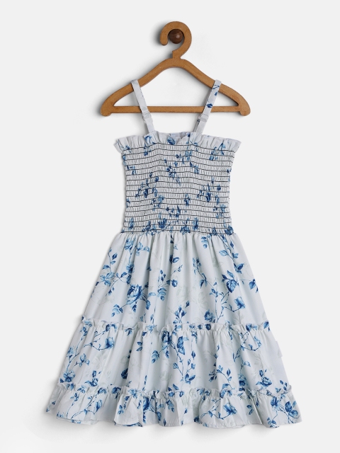 

Yuvraah Girls White & Blue Floral Printed Shoulder Straps Smocked Fit & Flare Dress