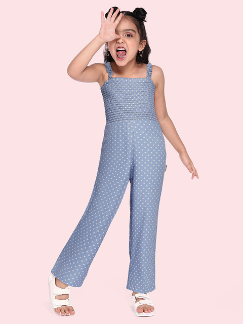 

Yuvraah Girls Blue & Pink Polka Dots Printed Basic Jumpsuit