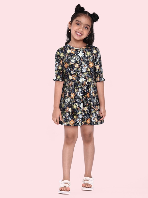 

Yuvraah Girls Multicoloured Floral Printed Midi Fit & Flare Dress, Multi