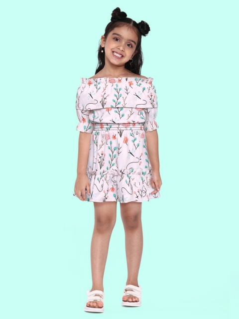 

Yuvraah Girls Off-White & Pink Floral Printed Off-Shoulder A-Line Midi Dress
