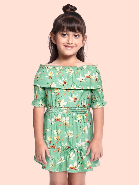 

Yuvraah Girls Green Floral Printed Off-Shoulder A-Line Midi Dress with Ruffles