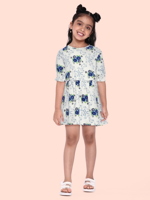 

Yuvraah Girls White & Blue Floral Printed A-Line Midi Dress