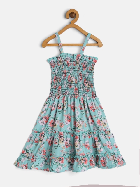 

Yuvraah Girls Sea Green & Pink Floral Printed Shoulder Straps Smocked Fit & Flare Dress