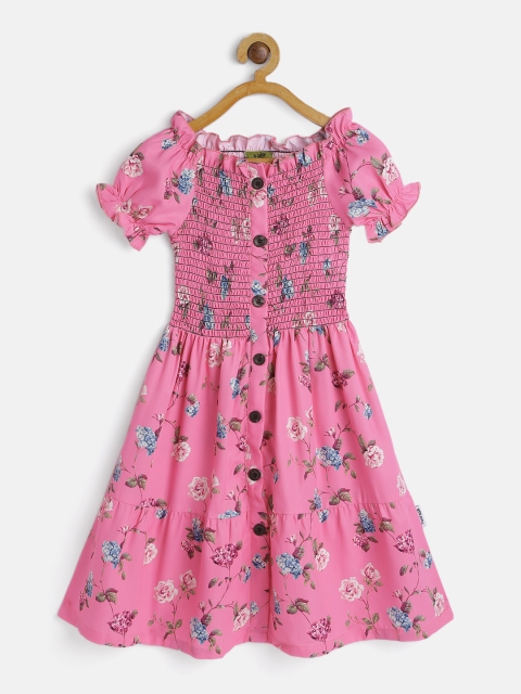 

Yuvraah Girls Pink Floral Printed Round Neck Puff Sleeves Smocked Fit & Flare Dress