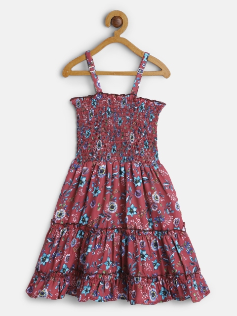 

Yuvraah Girls Maroon Floral Printed Shoulder Straps Smocked Polyester Fit & Flare Dress, Multi