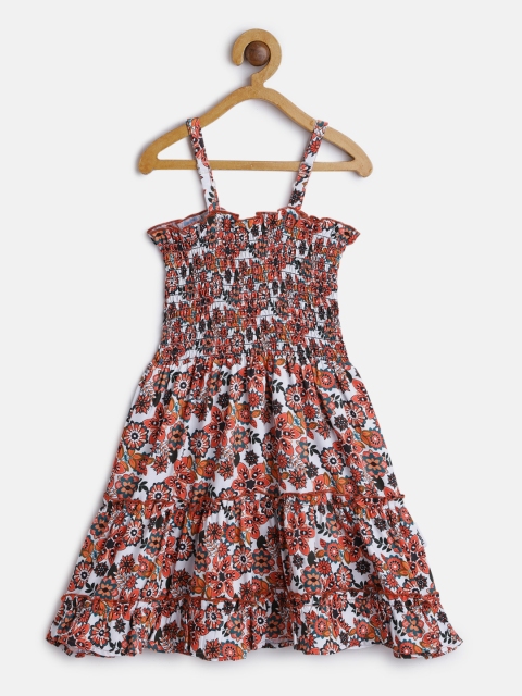 

Yuvraah Girls White & Orange Floral Printed Shoulder Straps Smocked Fit & Flare Dress