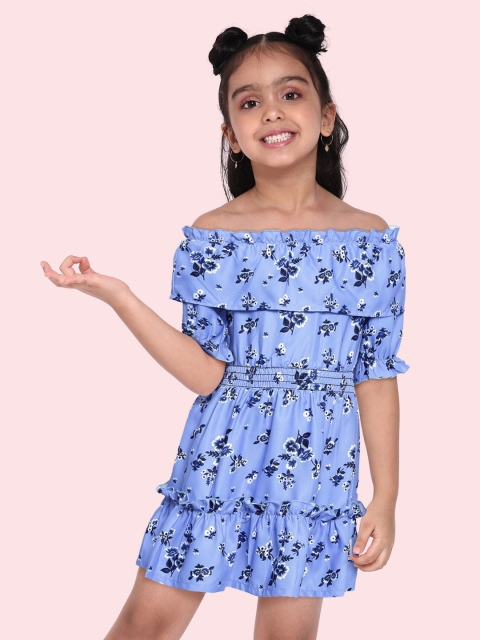 

Yuvraah Girls Lavender Floral Printed Off-Shoulder A-Line Midi Dress