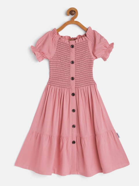 

Yuvraah Girls Pink Solid Shoulder Straps Smocked Polyester Fit & Flare Knee Length Dress