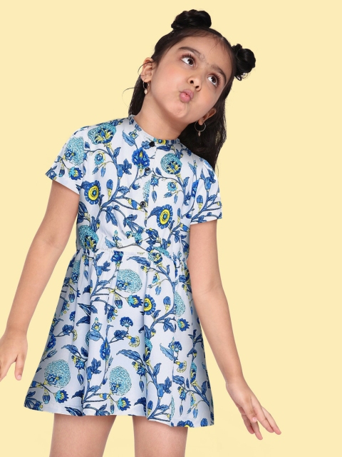 

Yuvraah Girls White & Blue Floral Printed A-Line Midi Dress