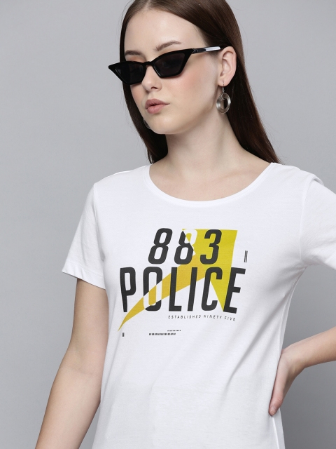 

883 Police Women White Brand Logo Printed Cotton T-shirt