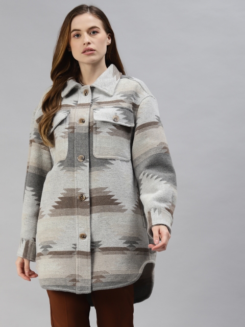 

Marks & Spencer Women Beige Printed Longline Shirt Style Jacket