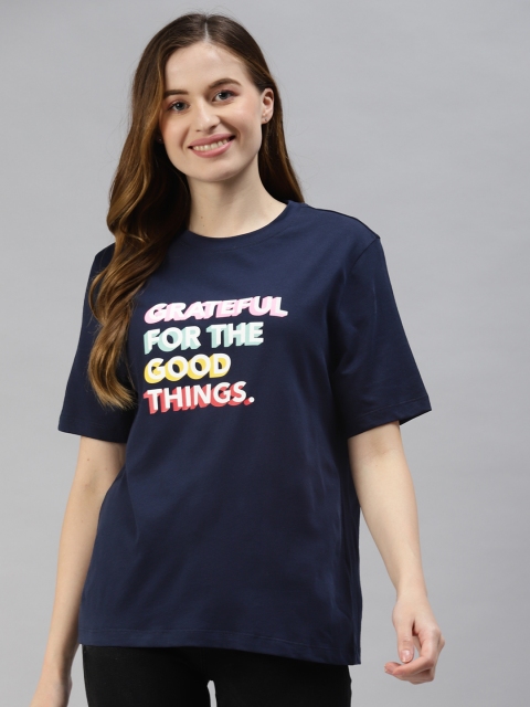 

Marks & Spencer Women Navy Blue Typography Printed Drop-Shoulder Sleeves T-shirt