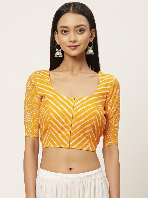 

STUDIO Shringaar Women Yellow & White Printed Pure Cotton Saree Blouse