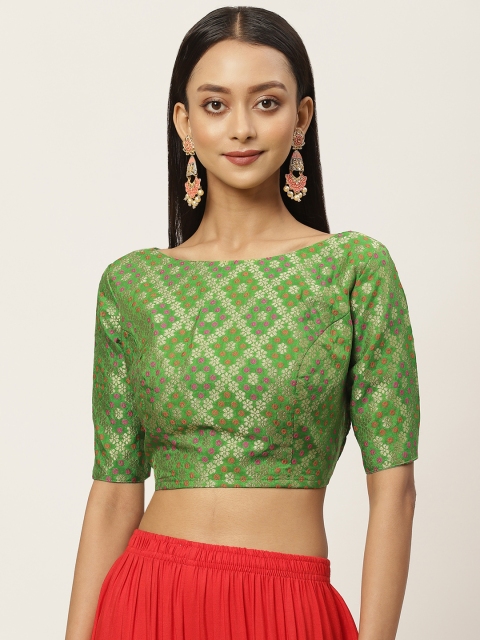 

Studio Shringaar Women Green & Golden Zari Bandhni Brocade Woven Design Saree Blouse