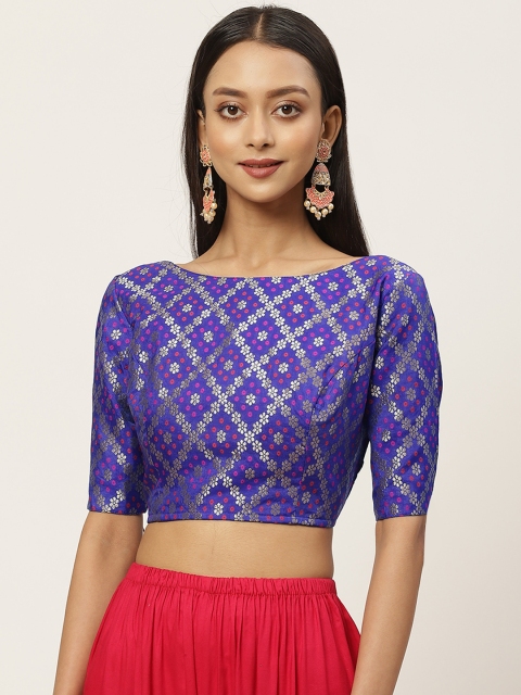 

Studio Shringaar Women Blue & Silver Zari Bandhni Brocade Woven Design Saree Blouse