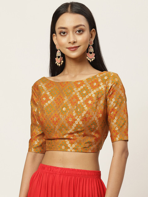 

Studio Shringaar Women Mustard Yellow & Golden Bandhni Brocade Woven Design Saree Blouse