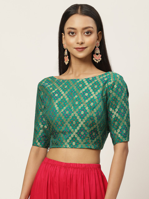 

Studio Shringaar Women Green & Golden Zari Bandhni Brocade Woven Design Saree Blouse