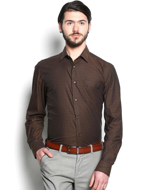 

Blackberrys Men Olive Brown Slim Fit Self-Design Party Shirt