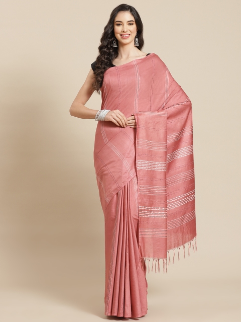 

swatika Peach-Coloured & Off-White Striped Zari Silk Blend Bhagalpuri Saree