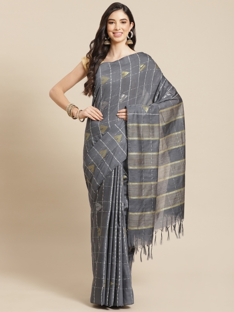 

swatika Grey Checked Zari Silk Blend Bhagalpuri Saree