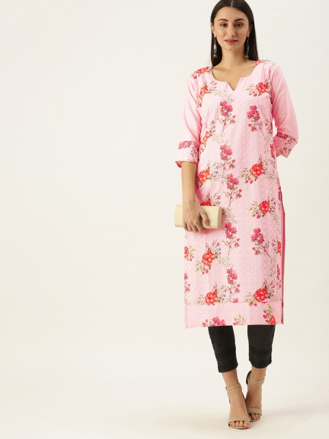

SWAGG INDIA Women Pink Ethnic Motifs Embroidered Chikankari Pastels Rayon Straight Kurta