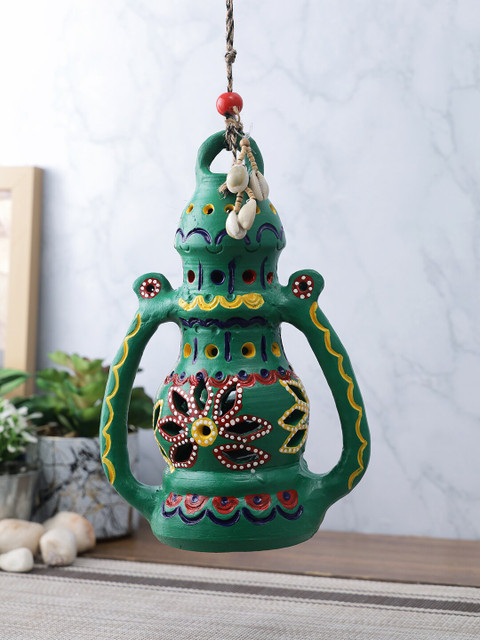 

Aapno Rajasthan Green & Yellow Painted Lantern Shaped Candle Holder