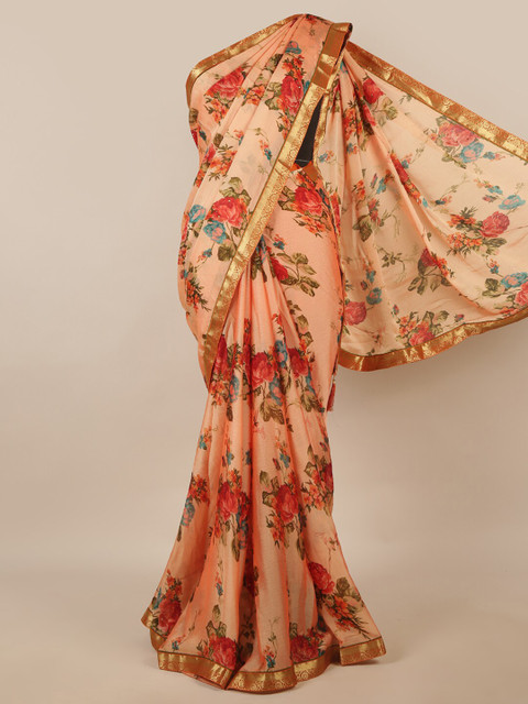 

Pothys Peach-Coloured & Gold-Toned Floral Saree