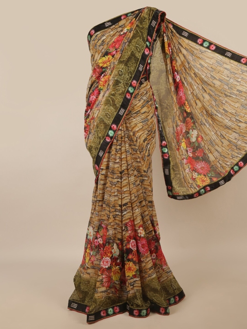 

Pothys Cream-Coloured & Pink Floral Patchwork Saree